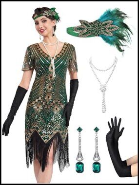 1920s Flapper Sequin Fringe Dress Costume Set with Accessories